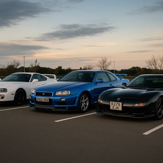 Toyota Supra MK4, Mazda RX-7 FD, and Nissan GT-R R33 and R34 parked together, representing iconic JDM performance cars and tuner culture legends