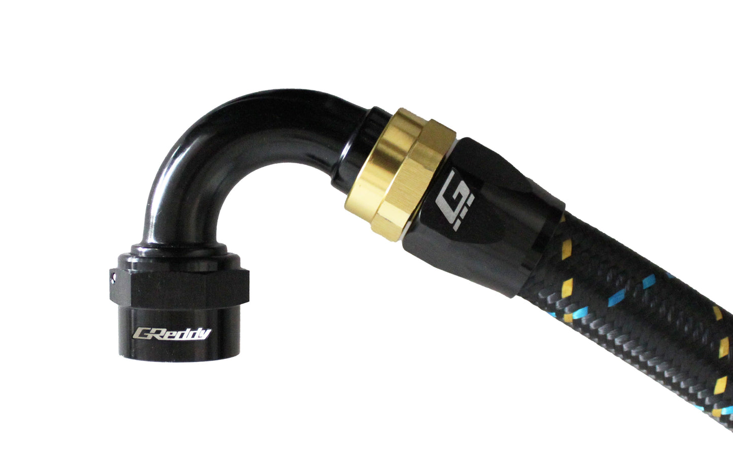 GReddy AN10 90 Degree Swivel Hose End - Black/Gold Anodized