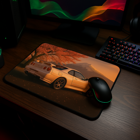 R34 GTR mouse pad featuring cherry blossom theme for JDM car lovers