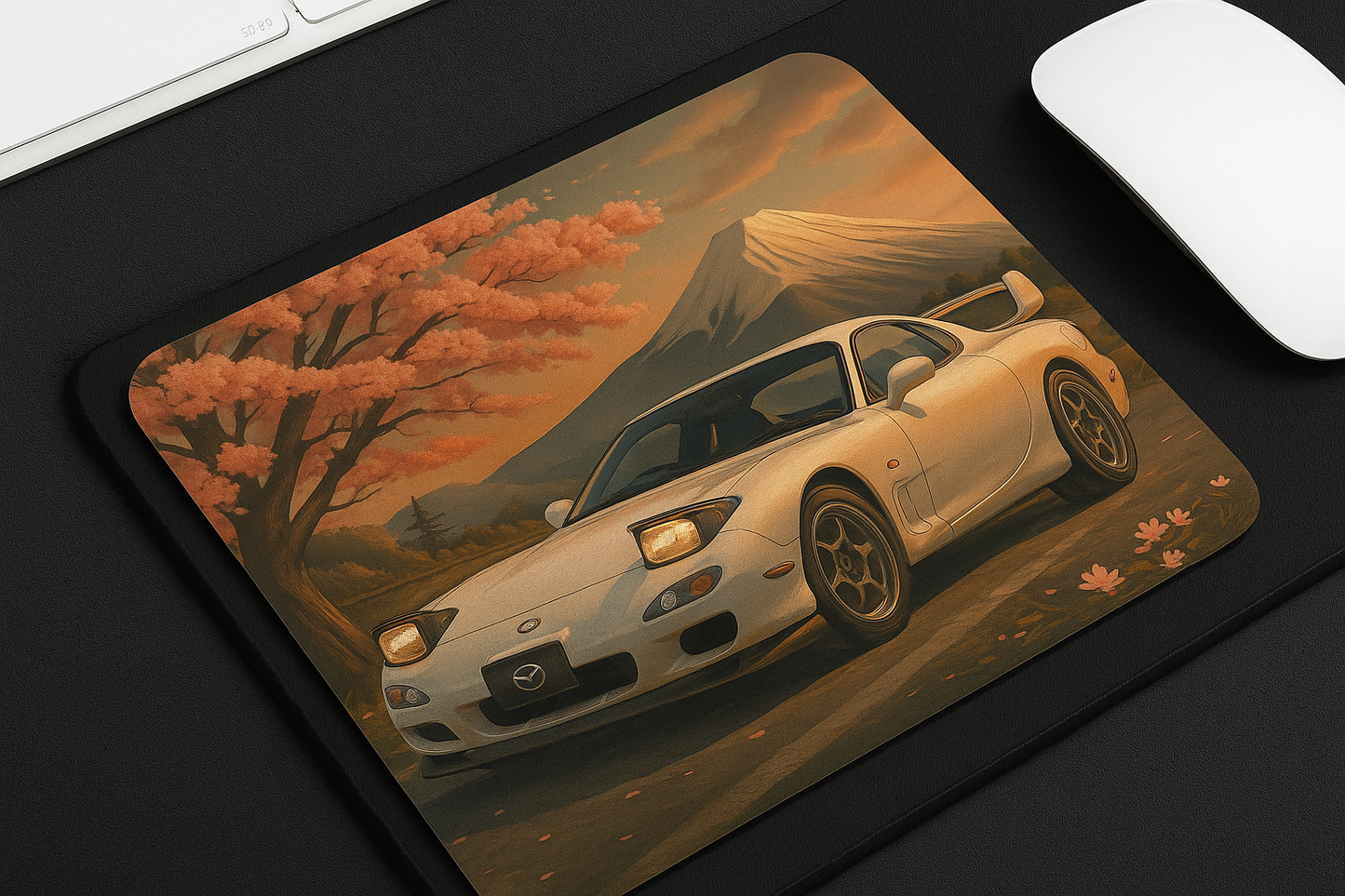 Cherry blossom RX-7 mouse pad with Japanese tuner design and floral sakura background