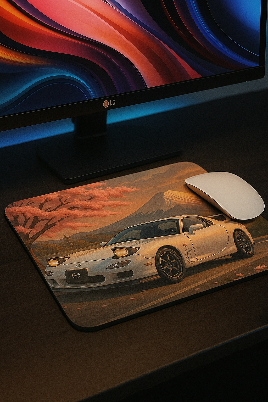 Cherry blossom RX-7 mouse pad with Japanese tuner design and floral sakura background