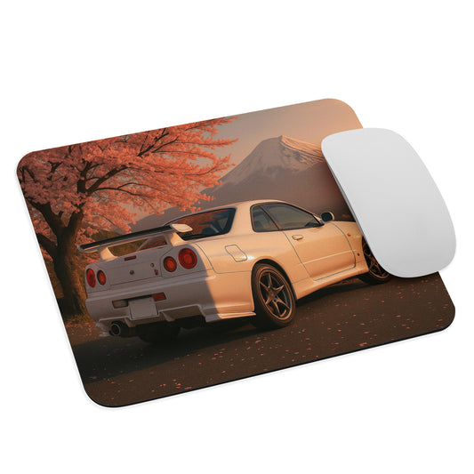 R34 GTR mouse pad featuring cherry blossom theme for JDM car lovers
