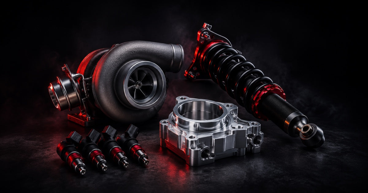 JDM performance parts on sale at J-Spec Garage — turbocharger, coilover, billet housing and fuel injectors