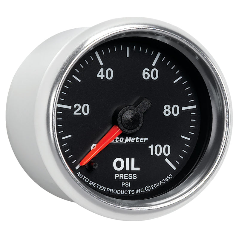Autometer GS Series 2-1/16in Oil Pressure Gauge 100PSI Electric Full Sweep — view 2 | J-Spec Garage