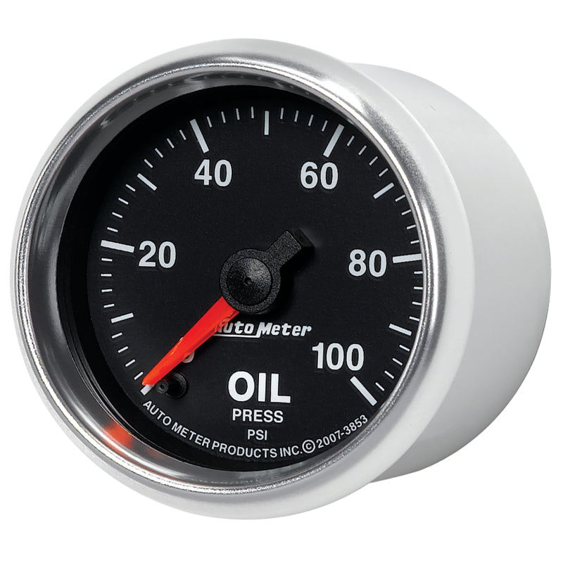 Autometer GS Series 2-1/16in Oil Pressure Gauge 100PSI Electric Full Sweep — view 4 | J-Spec Garage
