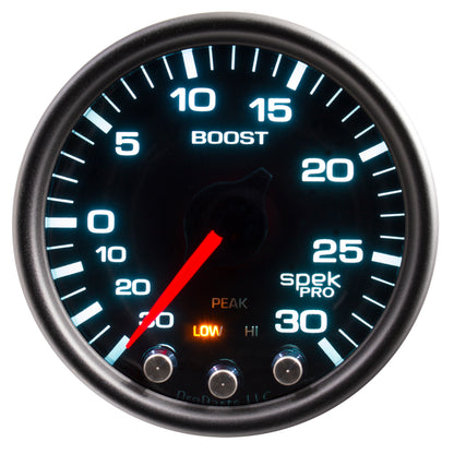 Autometer Spek-Pro Gauge Vac/Boost 2 1/16in 30Inhg-30psi Stepper Motor Peak & Warn Black/Smoke/Black — view 2 | J-Spec Garage
