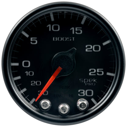Autometer Spek-Pro Gauge Vac/Boost 2 1/16in 30Inhg-30psi Stepper Motor W/Peak & Warn Black/Black | J-Spec Garage