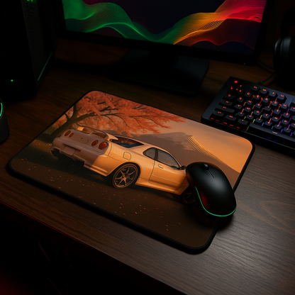 R34 GTR mouse pad featuring cherry blossom theme for JDM car lovers