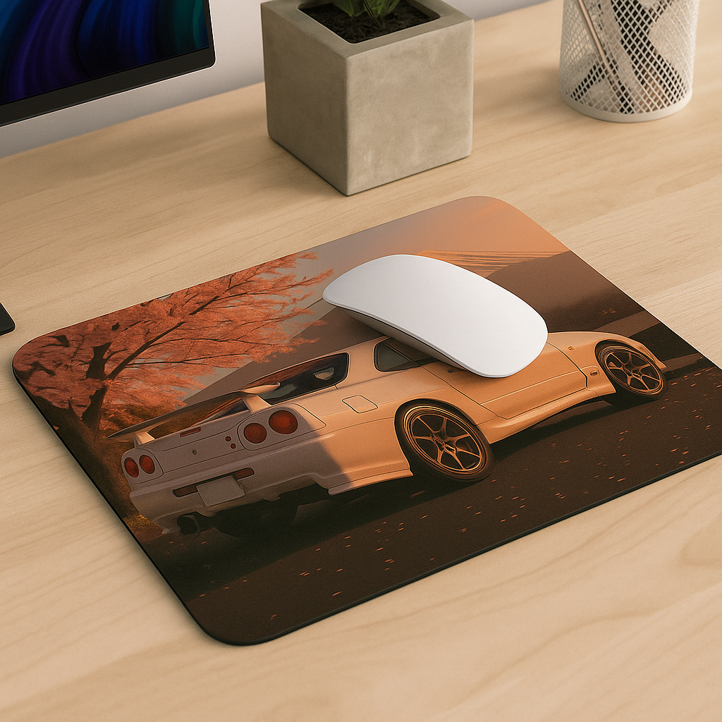 R34 GTR mouse pad featuring cherry blossom theme for JDM car lovers