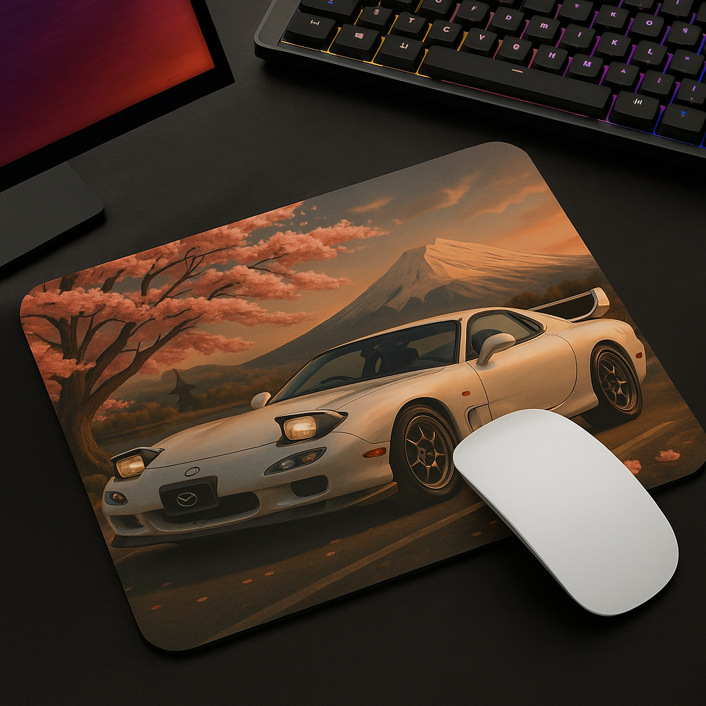 Cherry blossom RX-7 mouse pad with Japanese tuner design and floral sakura background