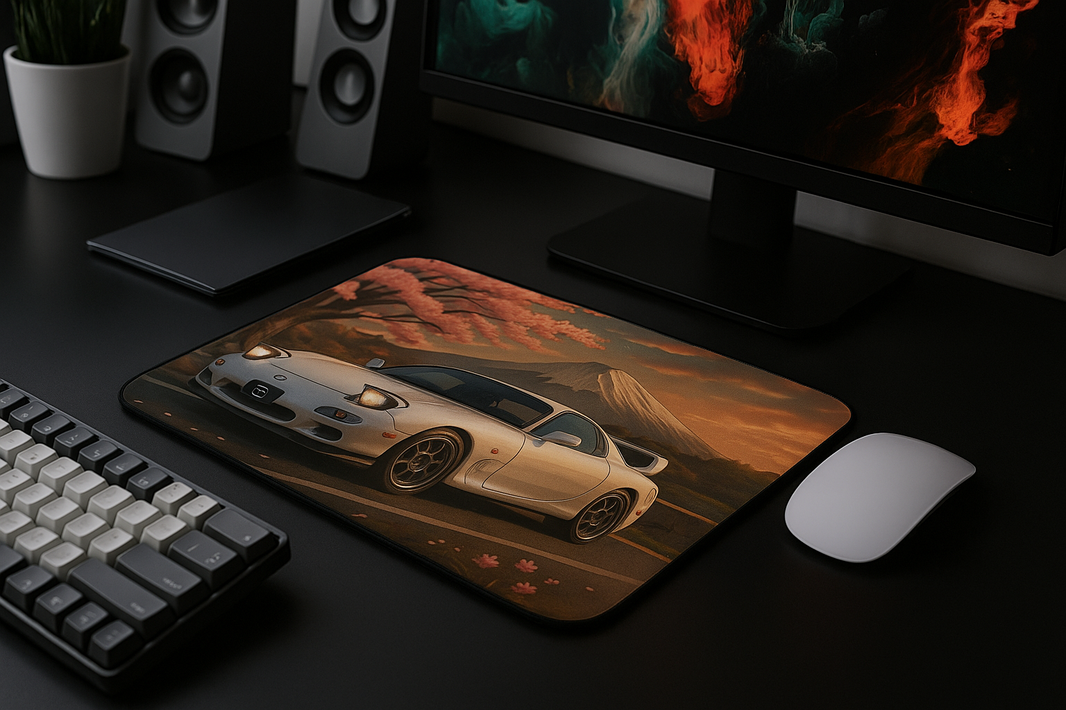 Cherry blossom RX-7 mouse pad with Japanese tuner design and floral sakura background
