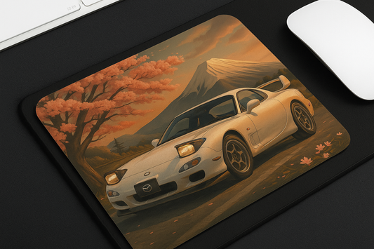 Cherry blossom RX-7 mouse pad with Japanese tuner design and floral sakura background