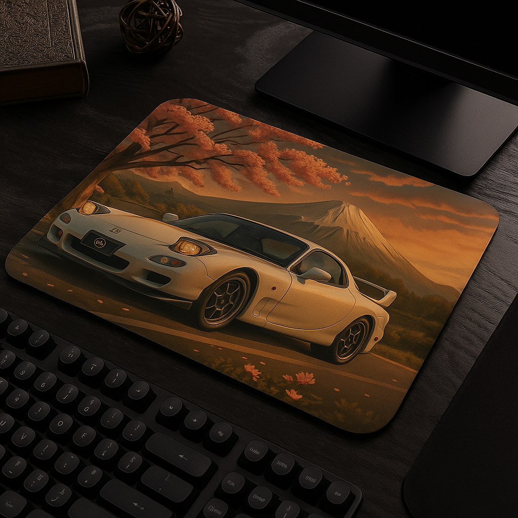 Cherry blossom RX-7 mouse pad with Japanese tuner design and floral sakura background