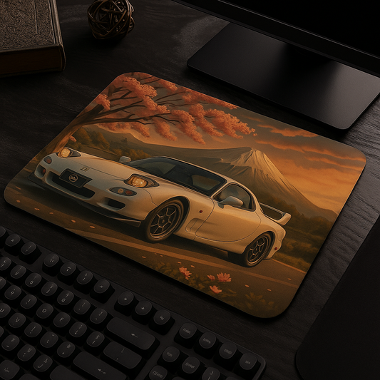 Cherry blossom RX-7 mouse pad with Japanese tuner design and floral sakura background