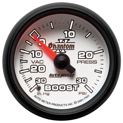 Autometer Phantom II 52.4mm Mechanical Vacuum / Boost Gauge 30 In. HG/30 PSI — view 2 | J-Spec Garage