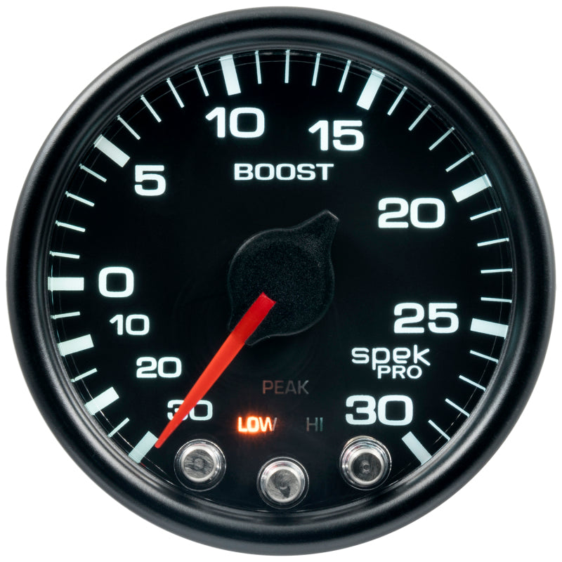 Autometer Spek-Pro Gauge Vac/Boost 2 1/16in 30Inhg-30psi Stepper Motor W/Peak & Warn Black/Black — view 3 | J-Spec Garage